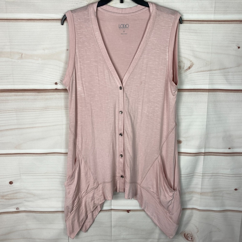 LOGO Vest Womens S Pink Sleeveless Button Up Jersey Knit Pockets Seam Details